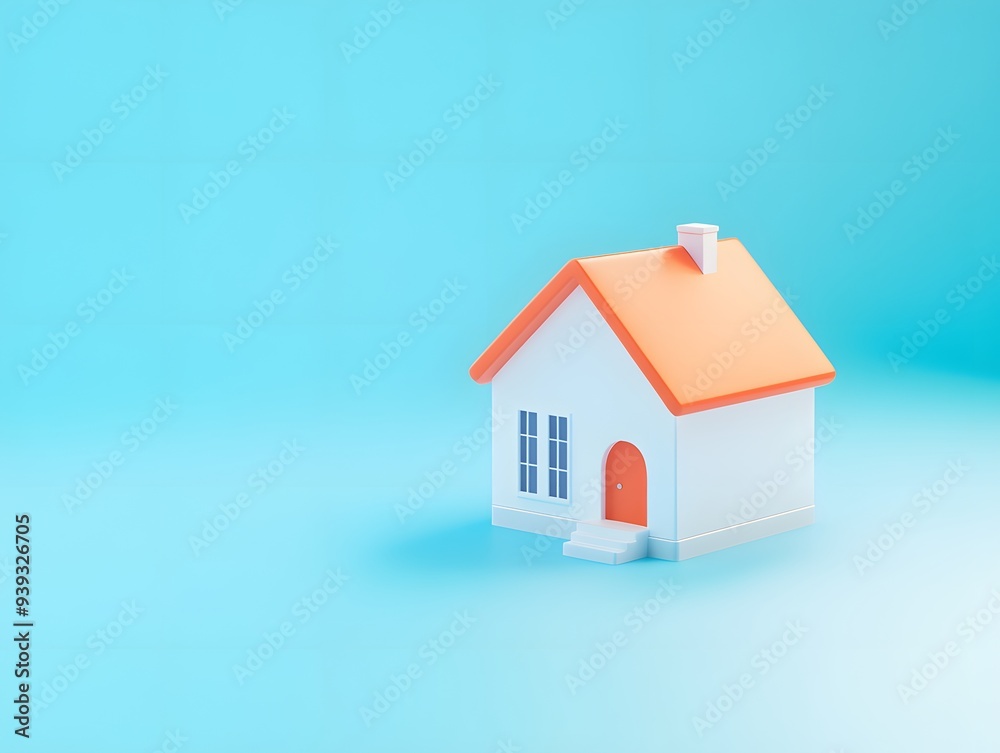 D Minimalist White House with Orange Roof on Blue Background D Minimalist White House with Orange Roof on Blue Background