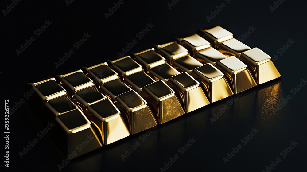 A collection of shiny gold bars arranged elegantly on a dark surface, symbolizing wealth and luxury. A collection of shiny gold bars arranged elegantly on a dark surface, symbolizing wealth and luxury.