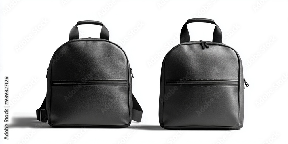 Black backpack mockup, front and back view isolated on a white background Black backpack mockup, front and back view isolated on a white background