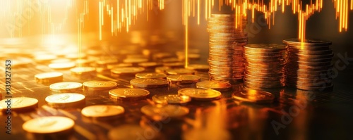 Golden coins stacked with a financial graph backdrop, symbolizing wealth, investment, and economic growth in a surreal setting.