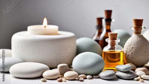 Beauty treatment items for spa procedures including massage oils