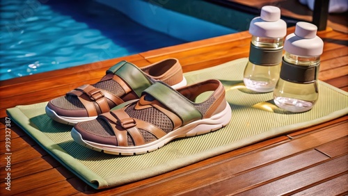 Brown Leather Sandals and Water Bottles on a Wooden Deck by a Pool photo