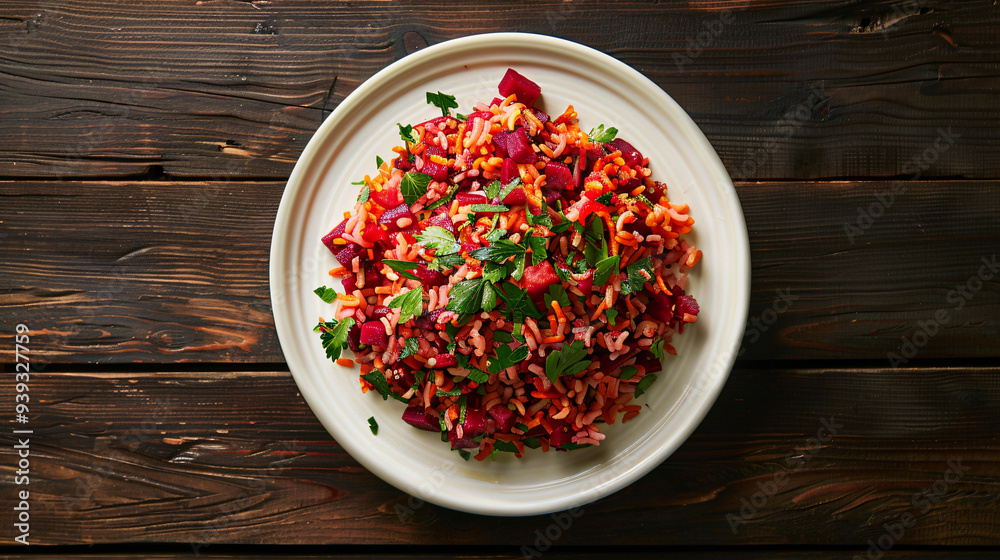 Beetroot salad with rice and parsley seasoned with olive oil served on a white plate on a wooden table Beetroot salad with rice and parsley seasoned with olive oil served on a white plate on a wooden table