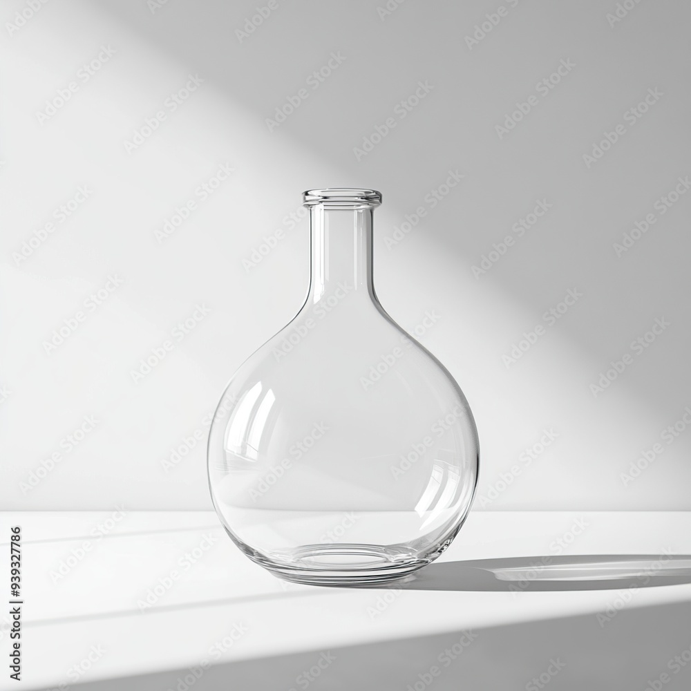 Empty glass bottle with a round body and a narrow neck on a white surface with a shadow. Empty glass bottle with a round body and a narrow neck on a white surface with a shadow.