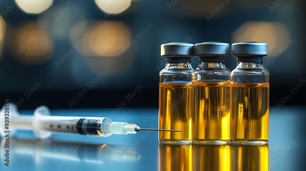 Close-up of vials filled with a yellow liquid alongside a syringe. Close-up of vials filled with a yellow liquid alongside a syringe.