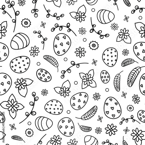 Linear seamless background of Easter eggs and flowers and pussy willow