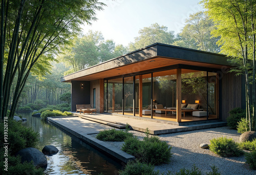 Modern Japanese home with sleek design, large windows, and a serene bamboo garden, emphasizing harmony with nature. Perfect for ads.	
