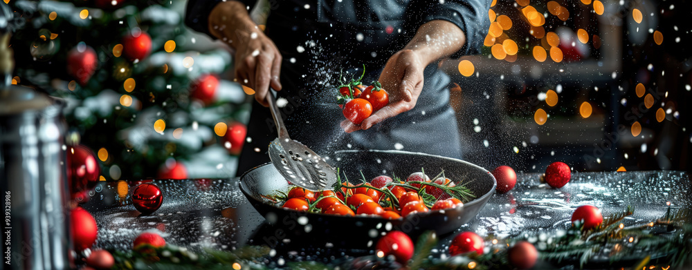 Hand dropping fresh tomatoes into skillet with festive decor, cooking Christmas dinner, vibrant scene Hand dropping fresh tomatoes into skillet with festive decor, cooking Christmas dinner, vibrant scene