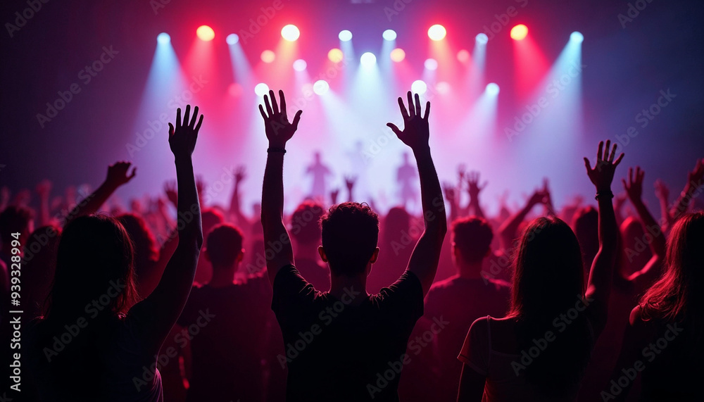 silhouettes of people dancing at a crowded party at midnight, colorful lights and smoke at background	

