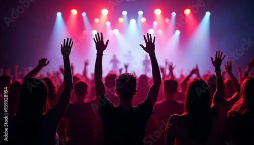 silhouettes of people dancing at a crowded party at midnight, colorful lights and smoke at background