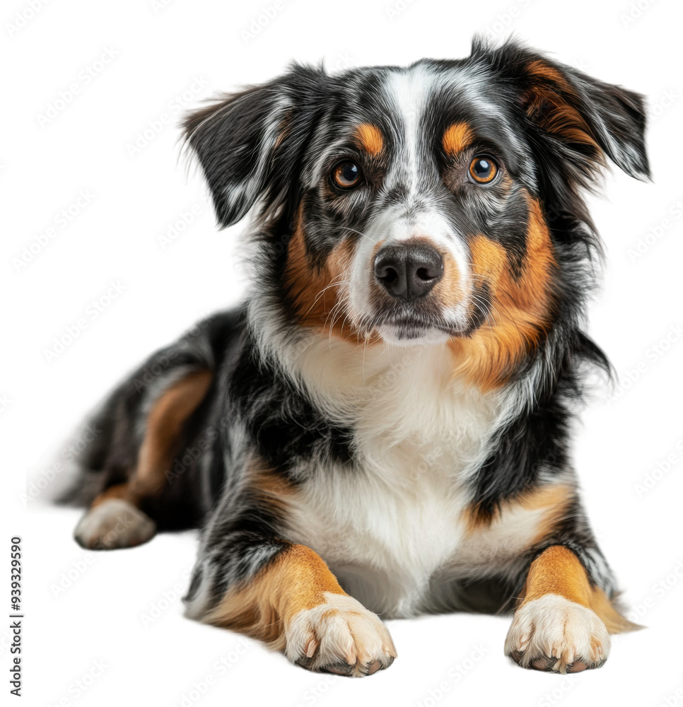PNG Aussie shepherd lounging on white surface