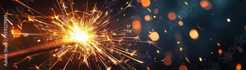 Close-up of a burning sparkler with bokeh lights in the background.