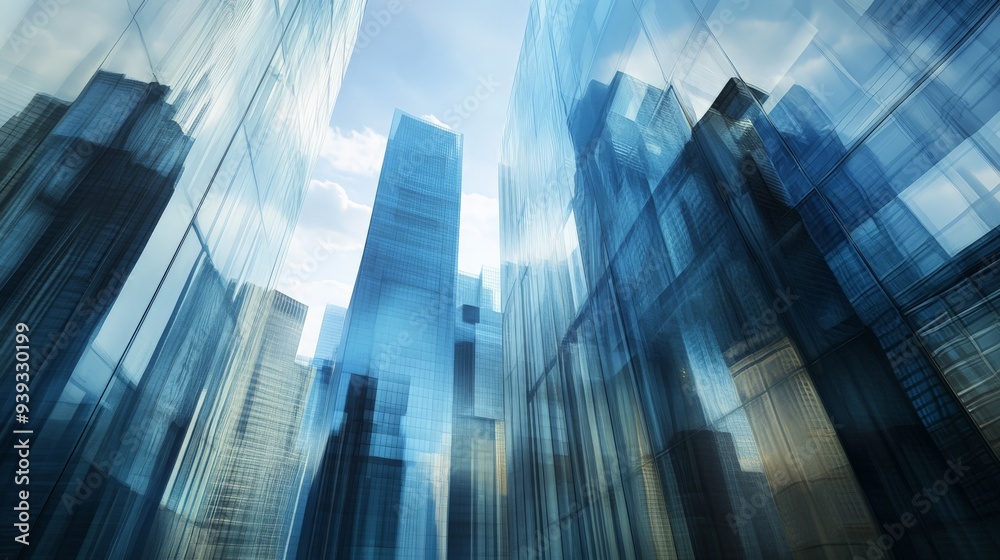 Dynamic urban cityscape featuring modern skyscrapers with glass facades, showcasing a blend of architecture and cloud reflections. Dynamic urban cityscape featuring modern skyscrapers with glass facades, showcasing a blend of architecture and cloud reflections.
