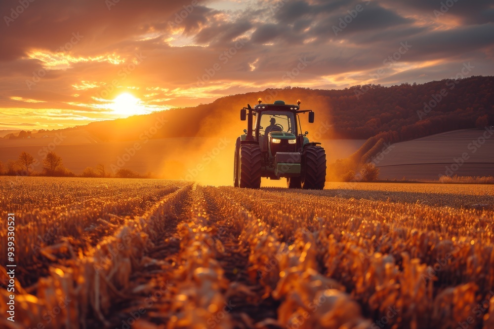 Tractor harvesting golden wheat field at sunset, creating picturesque scene with warm light and dust in the air, representing cycle of growth and beauty of agricultural landscapes Tractor harvesting golden wheat field at sunset, creating picturesque scene with warm light and dust in the air, representing cycle of growth and beauty of agricultural landscapes