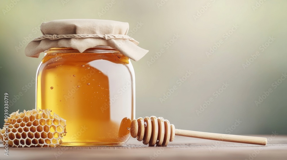 Honey Jar with Honeycomb and Dipper on Wooden Table Honey Jar with Honeycomb and Dipper on Wooden Table