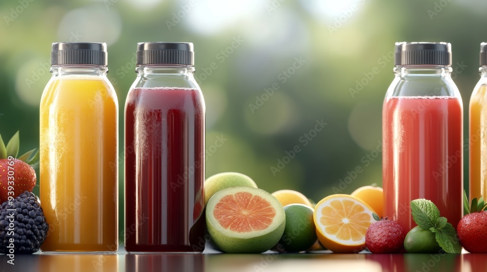 Fresh Fruit Juices in Glass Bottles with Black Caps Fresh Fruit Juices in Glass Bottles with Black Caps
