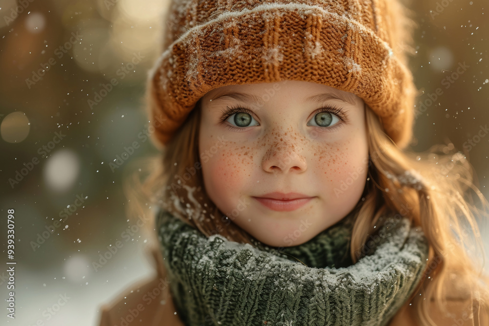 Adorable winter portrait of young little girl with knit hat and scarf, surrounded by gently falling snow in serene winter setting evoking innocence and joy of childhood in peaceful snowfall Adorable winter portrait of young little girl with knit hat and scarf, surrounded by gently falling snow in serene winter setting evoking innocence and joy of childhood in peaceful snowfall