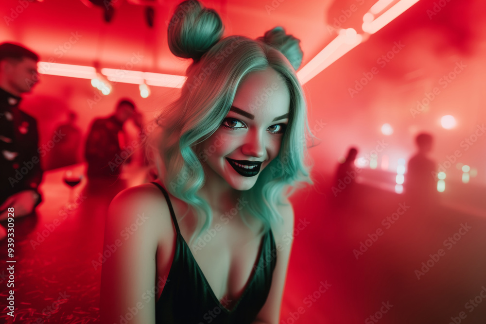 Φωτογραφία Flirty smiling woman with turquoise hair in double buns and black lipstick, enjo