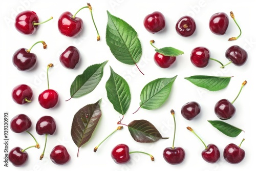 Fresh cherries and vibrant leaves are arranged beautifully. This image captures their rich colors and textures perfectly. Ideal for food and nature themes. Generative AI