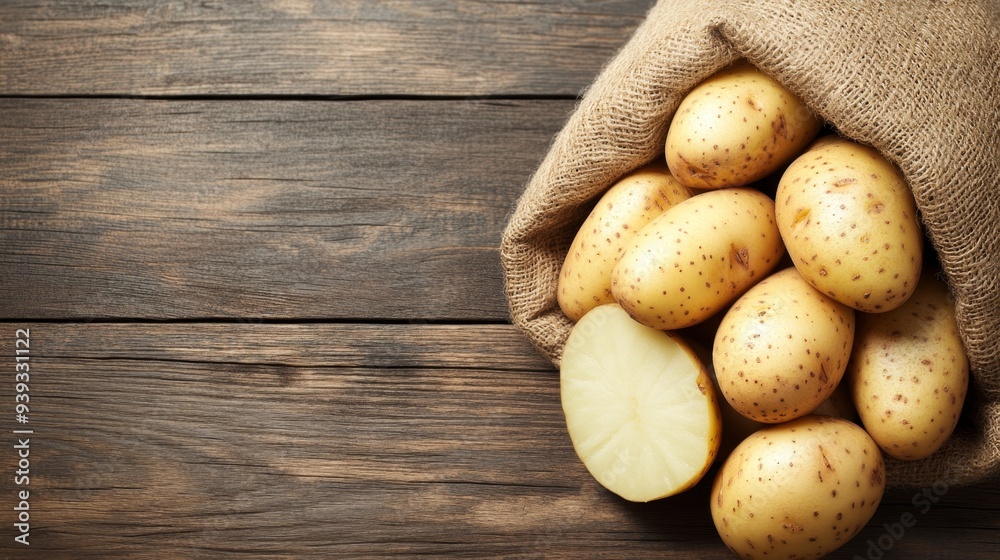 Fresh Potatoes in Burlap Sack on Wooden Table Fresh Potatoes in Burlap Sack on Wooden Table