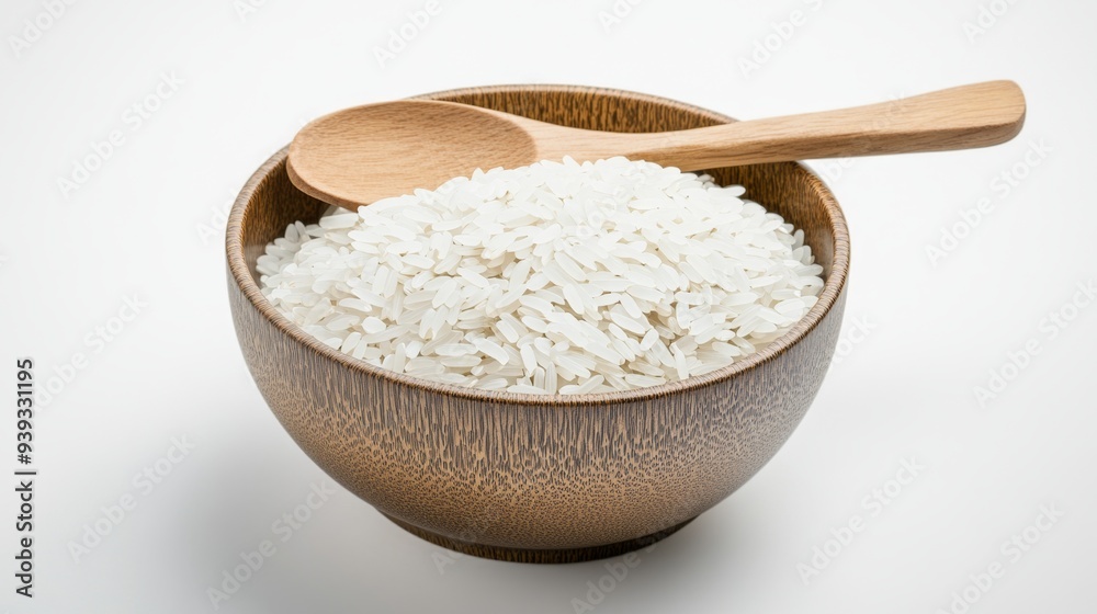 White Rice in Wooden Bowl with Wooden Spoon White Rice in Wooden Bowl with Wooden Spoon