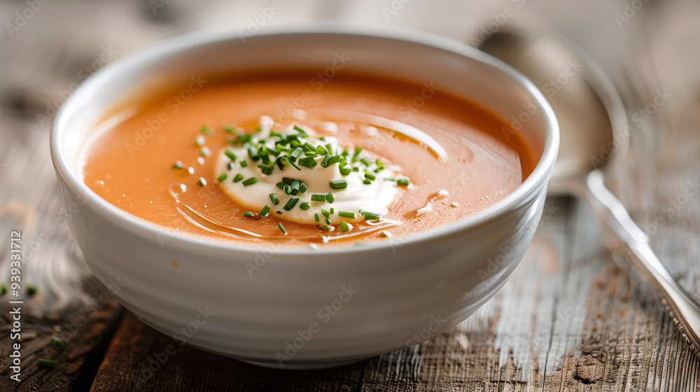 a delicate lobster bisque, garnished with a swirl of cream and chives, served in a pristine white bowl with a silver spoon, set on a rustic wooden table 