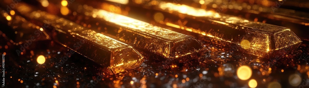 Stunning close-up view of gold bars with glimmering reflections, showcasing wealth, luxury, and high value in a captivating composition. Stunning close-up view of gold bars with glimmering reflections, showcasing wealth, luxury, and high value in a captivating composition.