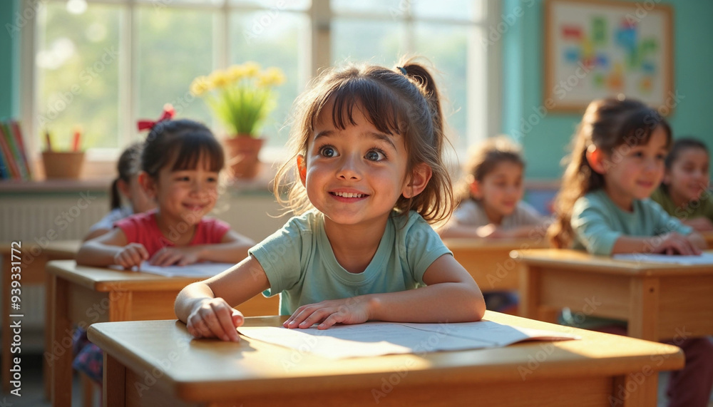 In a bright classroom, an elementary student smiles warmly at their desk, surrounded by engaged classmates in a cozy setting.
In a bright classroom, an elementary student smiles warmly at their desk, surrounded by engaged classmates in a cozy setting.