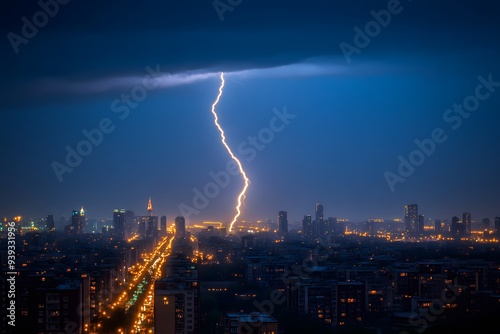 Cityscape Thunderstorm: A dramatic lightning strike illuminates a bustling cityscape, creating an electrifying contrast between the natural force of the storm and the urban landscape.