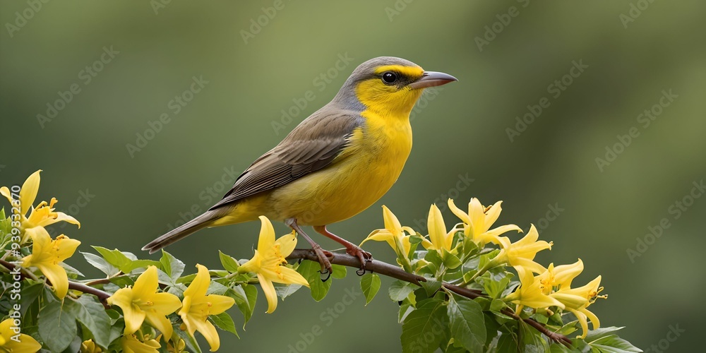 a bird perched on a flowering branch. Sublime and touching scene, representing the wonders of nature. a bird perched on a flowering branch. Sublime and touching scene, representing the wonders of nature.
