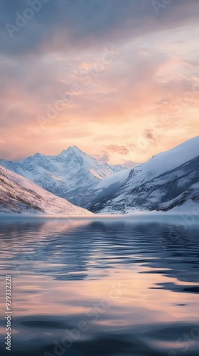 Calm Water with Snowy Hills and Mountains at Sunset photo