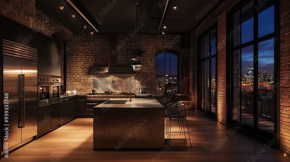 Modern Kitchen with City Skyline View Modern Kitchen with City Skyline View