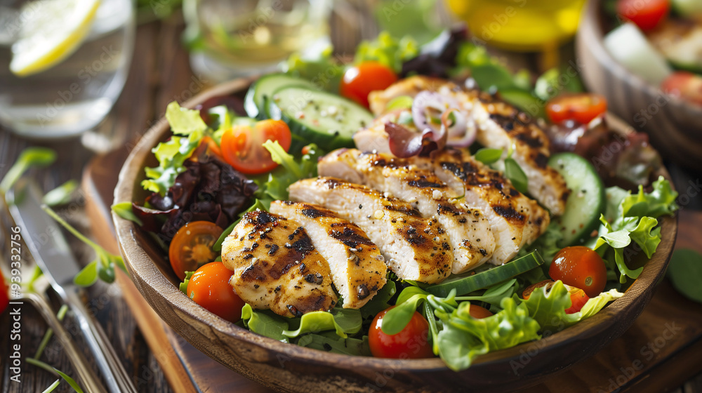 a grilled chicken salad, featuring mixed greens, cherry tomatoes, cucumber slices, and a light vinaigrette, served on a rustic wooden table with a glass of lemon water a grilled chicken salad, featuring mixed greens, cherry tomatoes, cucumber slices, and a light vinaigrette, served on a rustic wooden table with a glass of lemon water