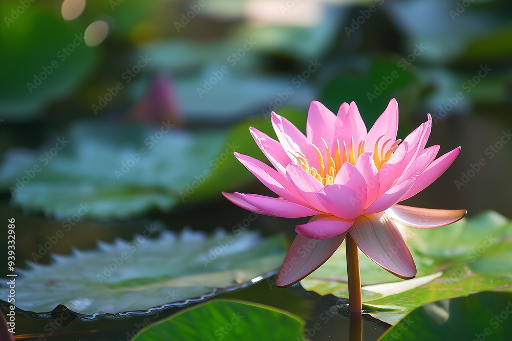 A vibrant pink lotus flower opened in full bloom, standing above the water amongst green lily pads in a serene pond. A vibrant pink lotus flower opened in full bloom, standing above the water amongst green lily pads in a serene pond.