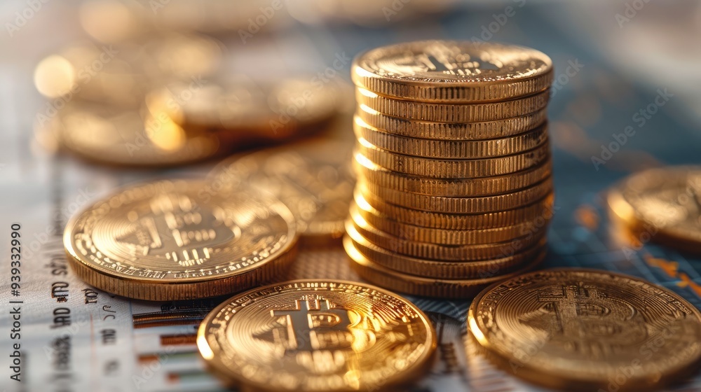 Investment concept with a stack of gold coins, and percentage symbol, set against a backdrop of detailed financial charts. Generative AI. Investment concept with a stack of gold coins, and percentage symbol, set against a backdrop of detailed financial charts. Generative AI.