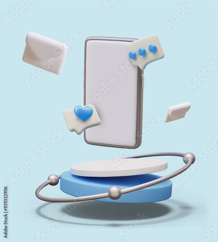 3D smartphone with blank screen on round platform, comment sign, like, concert