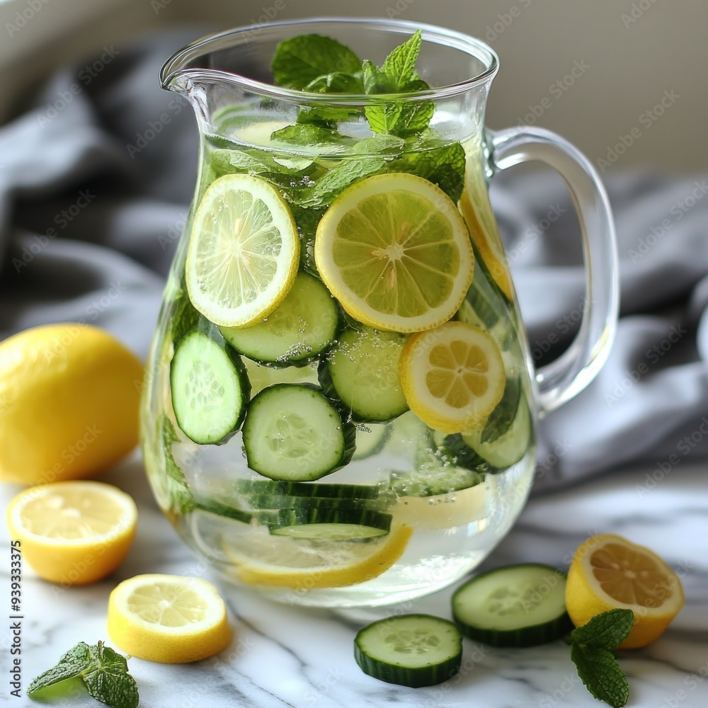 Refreshing Cucumber Lemon and Mint Infused Water Pitcher - Realistic Image Refreshing Cucumber Lemon and Mint Infused Water Pitcher - Realistic Image