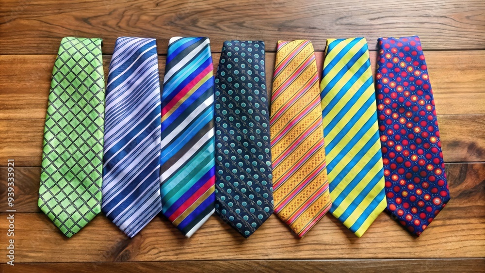 Obraz premium Seven Colorful Silk Neckties Arranged on Wooden Surface