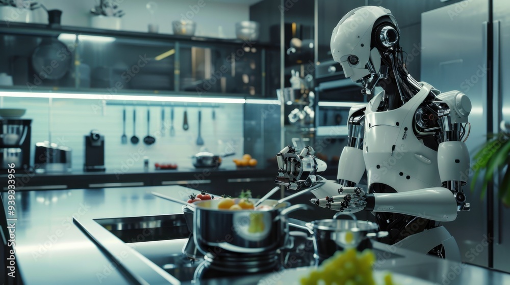 A robotic chef preparing a gourmet meal in a futuristic kitchen, with smart appliances assisting A robotic chef preparing a gourmet meal in a futuristic kitchen, with smart appliances assisting
