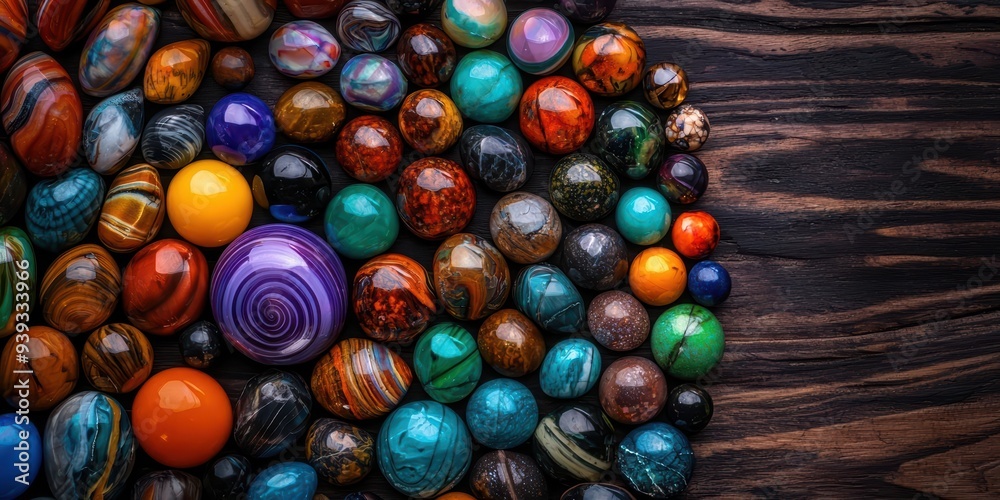 A collection of colorful marbles on a wooden background. A collection of colorful marbles on a wooden background.