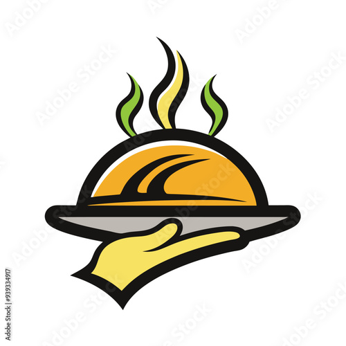 Simple vector logo of a hand holding an open platter with food, featuring smoke rising above, set against a white background