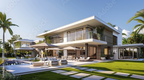 This image features a luxurious contemporary villa with a spacious garden, large pool, and palm trees, set in a sunny ambiance.