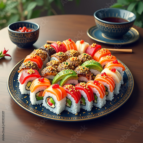 A plate of colorful sushi arranged neatly on a table.