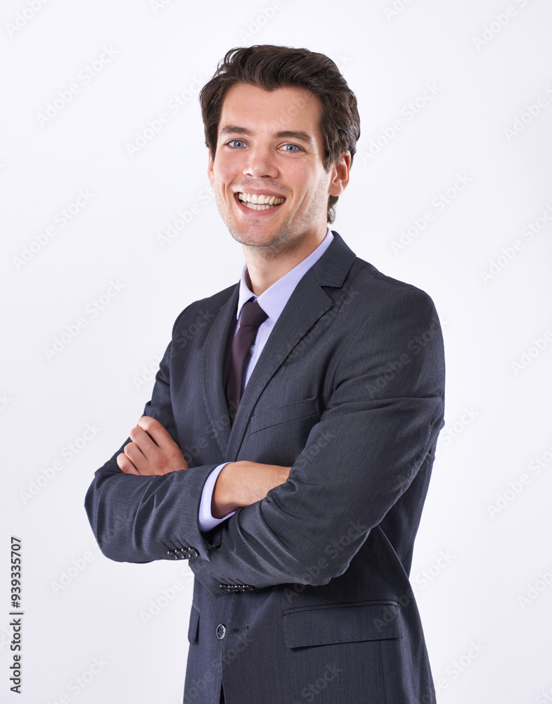 Business, man and portrait in studio with arms crossed for career pride, corporate law and confidence. Lawyer, professional and employee face with smile for attorney and advisor on white background Business, man and portrait in studio with arms crossed for career pride, corporate law and confidence. Lawyer, professional and employee face with smile for attorney and advisor on white background