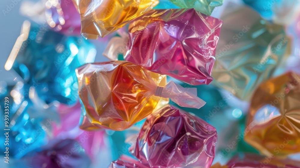 A stack of multicolored hard candies wrapped in clear cellophane, each reflecting light in different ways A stack of multicolored hard candies wrapped in clear cellophane, each reflecting light in different ways