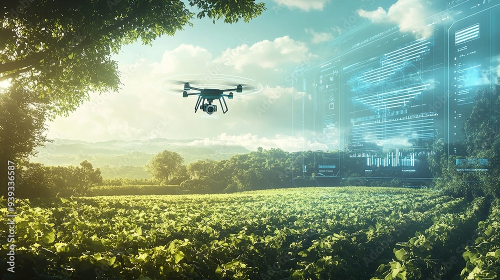 Agricultural drone scanning crops with futuristic technology Agricultural drone scanning crops with futuristic technology