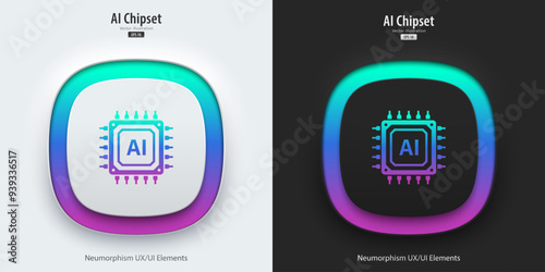 AI processor chip icon. A set of buttons with Chip symbols. Artificial intelligence technology concept. Neumorphism style, UI UX design, Vector illustration.
