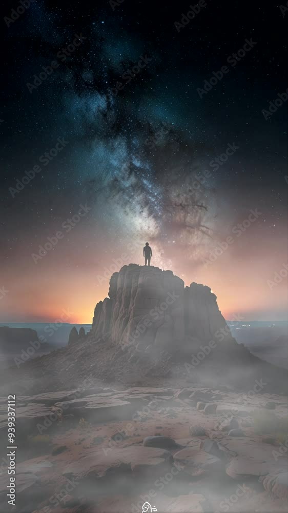 Silhouette of a lone figure standing on a rock formation against a backdrop of a starry sky and clouds.
Silhouette of a lone figure standing on a rock formation against a backdrop of a starry sky and clouds.
