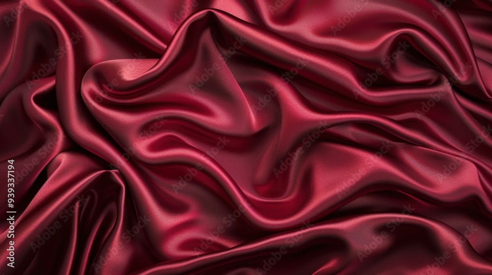 A textured background featuring satin fabric in a deep ruby red, with its smooth, flowing texture A textured background featuring satin fabric in a deep ruby red, with its smooth, flowing texture