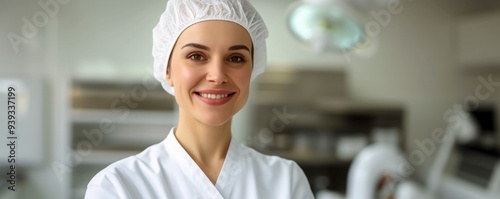 A professional cosmetologist woman in a white uniform smiles and looks at the camera, she demonstrates a laser device for photo rejuvenation. Non-surgical rejuvenation with the latest generation.